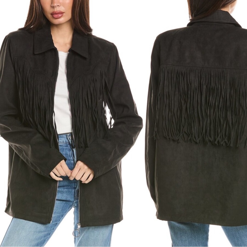 Weworewhat Fringed Faux Suede Jacket in Black